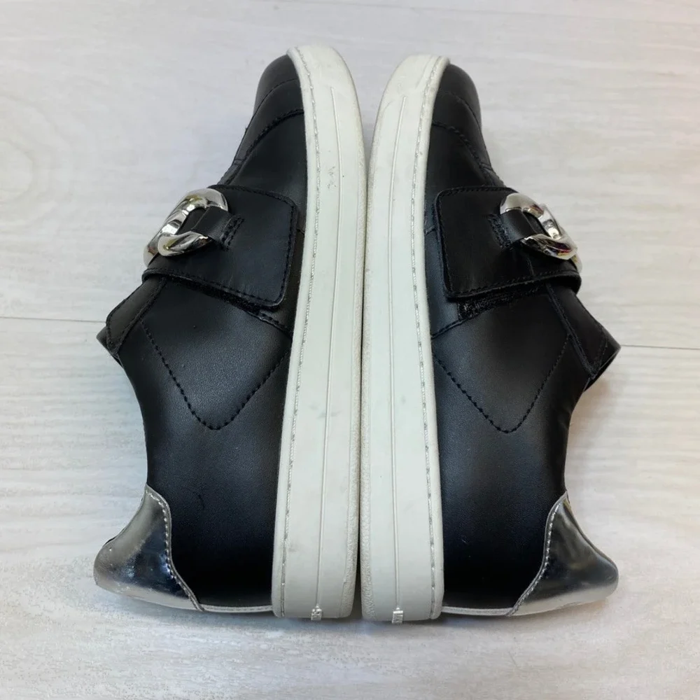 Michael Kors Womens 6.5M Slip On Sneaker Chain Strap Black Leather Silver FT20L